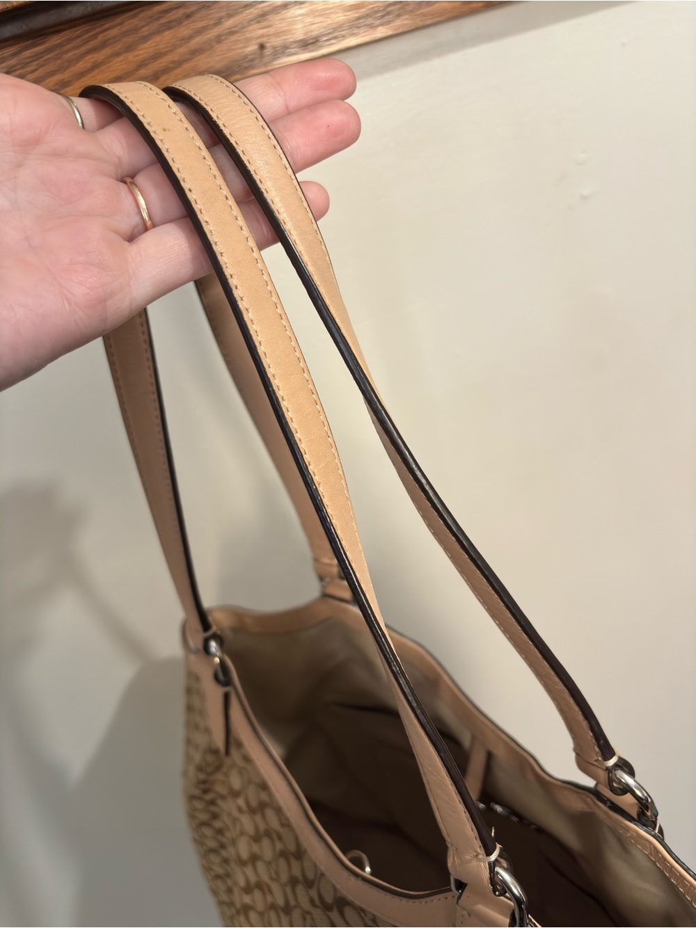 Coach Slouchy Brown Canvas Hobo Tote Purse Leather Trim Navy Yellow Stripes - Picture 10 of 16